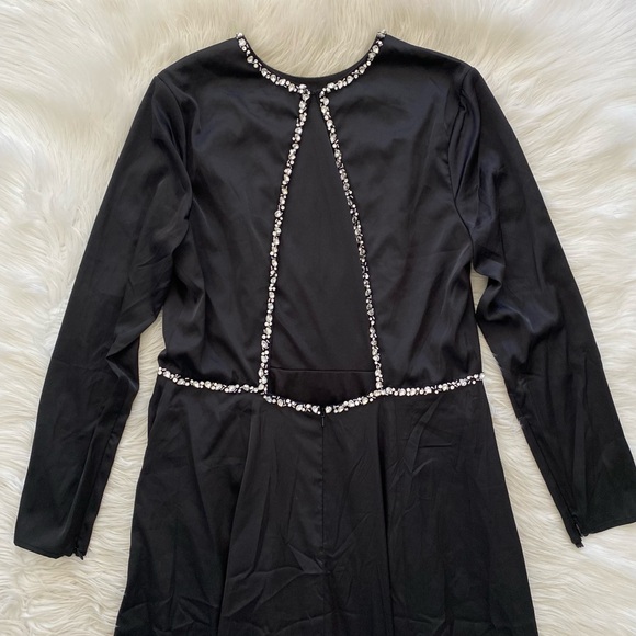 Mac Duggal Black Satin Long Sleeve Silver Rhinestone Trim Open Back Gown 26524 - Picture 8 of 14